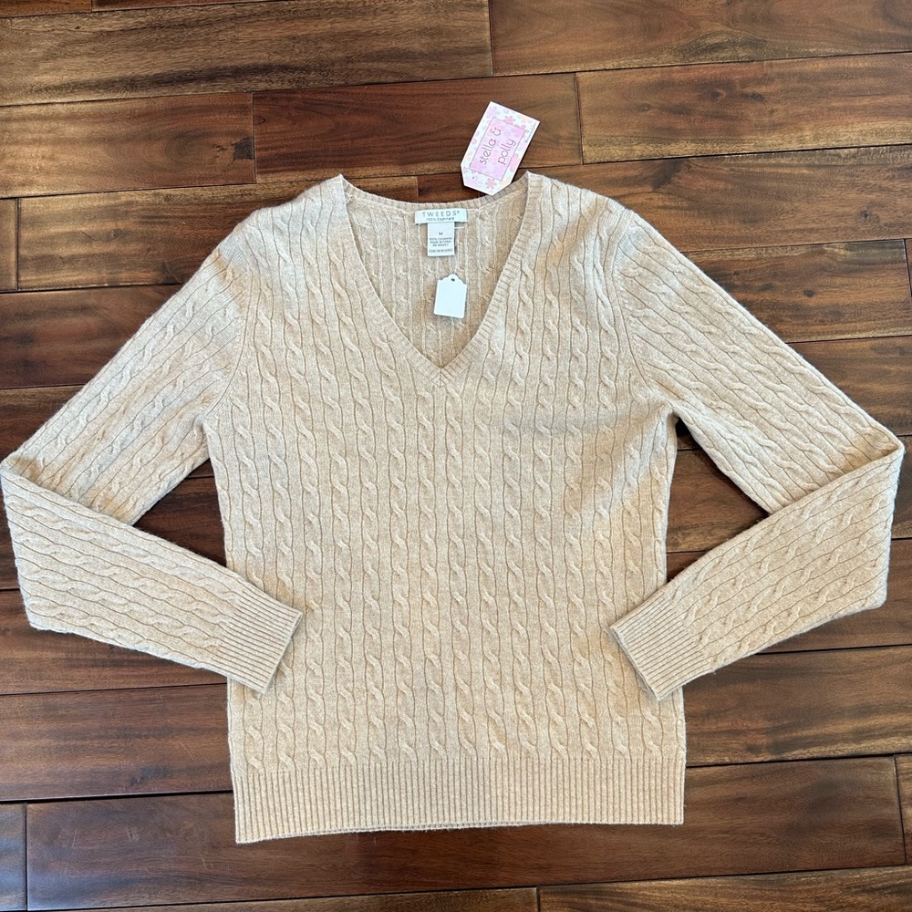 Vintage Tweeds 100% Cashmere Cable Knit Sweater in tan/caramel/light brown sz M
